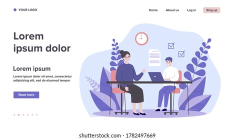Female teacher checking task of student. Teenager learning with tutor flat vector illustration. Education and examination concept for banner, website design or landing web page