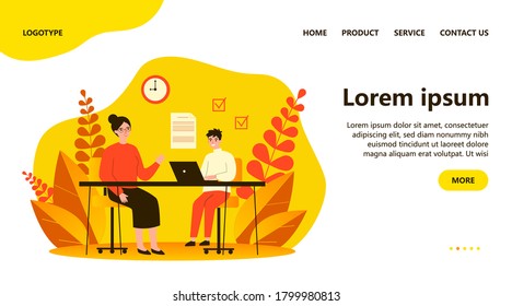 Profesora que revisa la tarea del estudiante. Aprendizaje de adolescentes con ilustraciones de vector plano tutor. Concepto de educación y examen para banner, diseño de sitios web o página web de aterrizaje