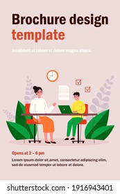 Female teacher checking task of student. Teenager learning with tutor flat vector illustration. Education and examination concept for banner, website design or landing web page