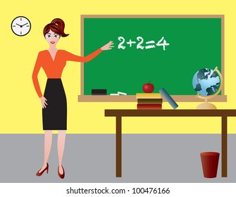 Female Teacher in Classroom with Chalkboard Desk Apple Books and Globe Illustration