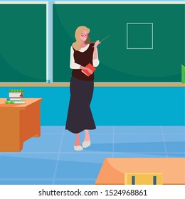 female teacher in the classroom character vector illustration design