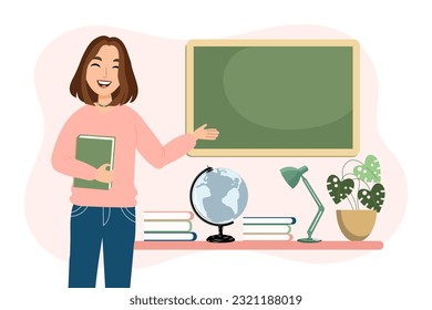 Female teacher in the classroom. The concept of school and learning, teacher's day. Vector illustration in flat cartoon style