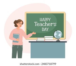 Female teacher in the classroom. The concept of school and learning, teacher's day, back to school.  Illustration in flat style