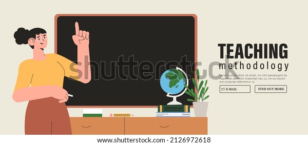 	\
Female teacher in classroom. Learning, advanced\
tranining or teaching methodology concept. School teacher stand at\
blackboards in classroom. Lecturer teaching in class. Professors at\
chalkboards. 