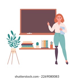 Female teacher at classroom near blackboard. Education, lecture and lesson at school. Vector illustration in flat style
