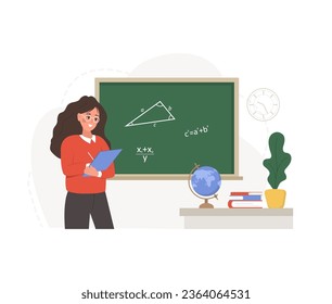 Female teacher in classroom. Pedagogue at lecture at chalkboard. School and college concept. Vector illustration in flat cartoon style.