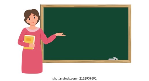 Female teacher in classroom. School and learning concept, teacher's day. Cute vector illustration in flat cartoon style