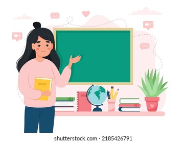 Female teacher in classroom. School and learning concept, teacher s day. Cute vector illustration in flat cartoon style