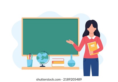 Female teacher in classroom. School and learning concept, teacher's day. Cute vector illustration in flat cartoon style