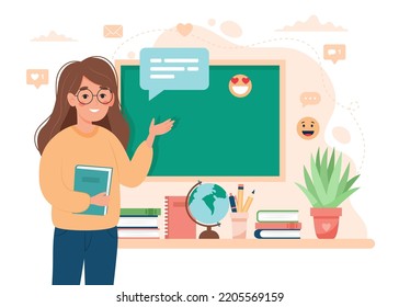 Female teacher in classroom. School and learning concept, teacher s day. Cute vector illustration in flat cartoon style