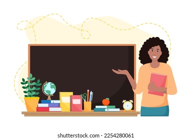 Female teacher in classroom. School and learning concept. Cute vector illustration. Flat cartoon style