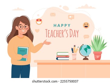 Profesora en clase. Concepto de escuela y aprendizaje, día del profesor. Ilustración de vector circular en estilo cartográfico plano