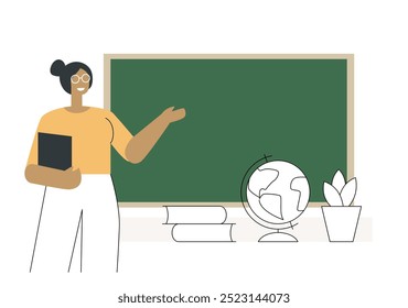 Female teacher in classroom. School and learning, back to school. Flat line style