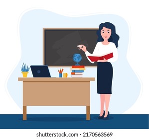 Female teacher in classroom. Smiling woman teacher standing by blackboard or chalkboard in the classroom. School and learning concept, teacher s day. Cute vector illustration in flat cartoon style.