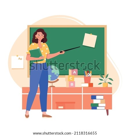 Female teacher in classroom. Smiling woman teacher standing by blackboard or chalkboard in the classroom. School and learning concept, teacher's day. Cute vector illustration in flat cartoon style.