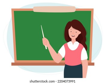 Female teacher in classroom. Woman pointing something on a chalkboard with a pointer. School and learning concept. Teacher's day. Vector flat illustration.