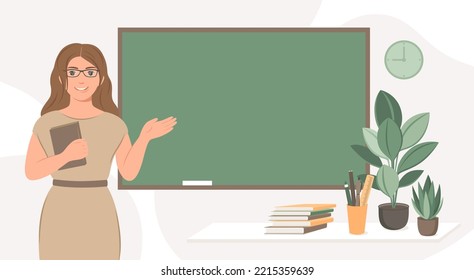 Female teacher in classroom. Woman teacher standing by blackboard in the classroom. Concept of education and training. Vector illustration