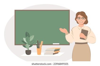 Female teacher in classroom. Woman teacher standing by blackboard in the classroom. Concept of education and training. Vector illustration