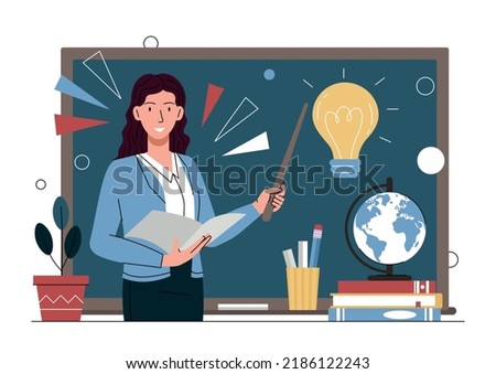 Female teacher concept. Young girl with pointer shows homework on board and explains topic of lesson. Woman giving answers to students questions in school room. Cartoon flat vector illustration