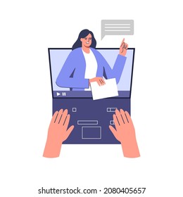 Female teacher conduct lessons online. Video course, web seminar, internet class, personal teacher service for individual distant home self education.