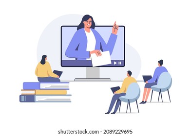 Female Teacher Conduct Lessons Online. Video Course, Web Seminar, Internet Class, Personal Teacher Service For Individual Distant Home Self Education.