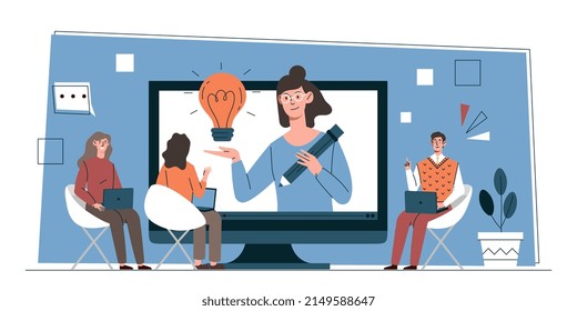 Female teacher conduct lessons online. Remote education, video course or seminar. Women look out of their monitor and explain lesson topic to remote home class. Cartoon flat vector illustration