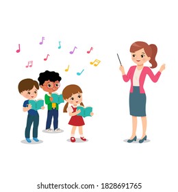 Female teacher conduct student choir for event at school. Musical extracurricular. Singing clip art. Happy boy and girl sing. Cartoon flat style vector isolated on white background. 