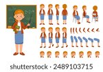 Female teacher constructor set. Woman with pointer near chalkboard. Adult in different poses and angle of views. Legs, arms and heads to create animation. Lecture and lesson. Flat vector collection