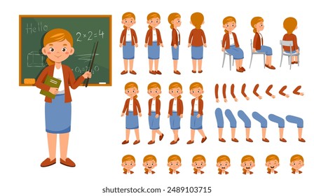 Female teacher constructor set. Woman with pointer near chalkboard. Adult in different poses and angle of views. Legs, arms and heads to create animation. Lecture and lesson. Flat vector collection