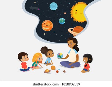 Female teacher demonstrates Earth model to children and tells them about universe children sit on floor in circle and listen to her. Preschool activities and early childhood education. Vector illustra