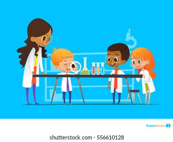 Female teacher demonstrates plant in flask, kids look through magnifier at it during botany lesson. Preschool educational activities and natural sciences education. Vector illustration for website.