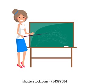 Female teacher dressed in white sleeveless t-shirt and blue skirt standing at blackboard with pointer stick in right hand isolated vector illustration