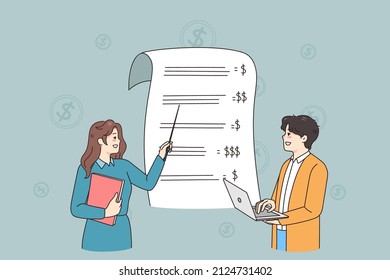 Female Teacher Explain Finances To Guy Student At Class In School Or College. Financial Advisor Or Consult Talk About Money Earn And Cost Optimization Strategies. Flat Vector Illustration. 