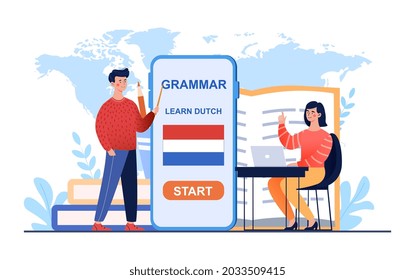 Female teacher explain male student grammar rules. Distant education technology for language school. Flat illustration cartoon vector concept web banner design poster isolated on white background