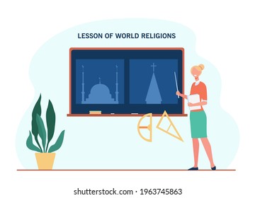 Female teacher explaining about world religions. Lesson, faith, church flat vector illustration. Education and study concept for banner, website design or landing web page