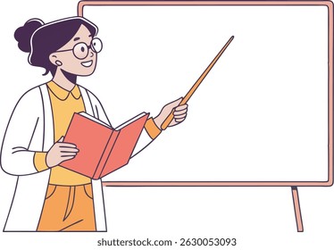 Female teacher explaining with book and pointer in front of whiteboard educational vector illustration

