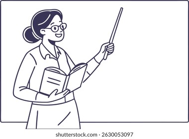 Female teacher explaining with book and pointer in front of whiteboard educational vector illustration

