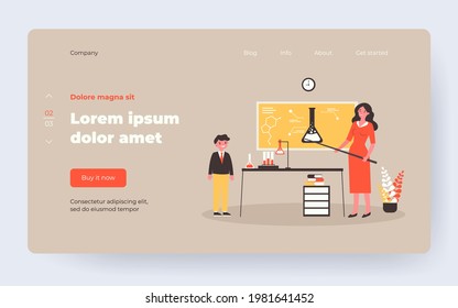 Female teacher explaining chemistry to boy. Lesson, school, flask flat vector illustration. Education and study concept for banner, website design or landing web page