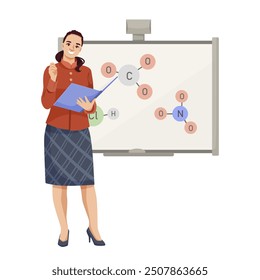 Female teacher explaining chemistry concepts on a whiteboard. Vector illustration