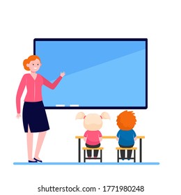 Female teacher explaining lesson for kids. School, children, study flat vector illustration. Education and learning concept for banner, website design or landing web page