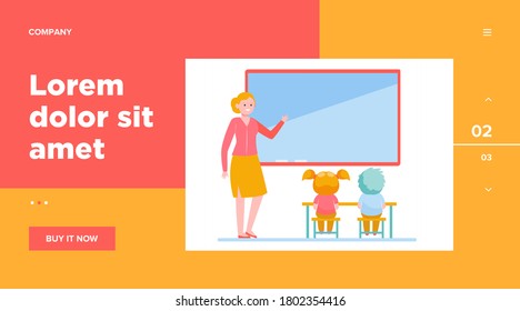 Female teacher explaining lesson for kids. School, children, study flat vector illustration. Education and learning concept for banner, website design or landing web page