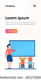 Female teacher explaining lesson for kids. School, children, study flat vector illustration. Education and learning concept for banner, website design or landing web page