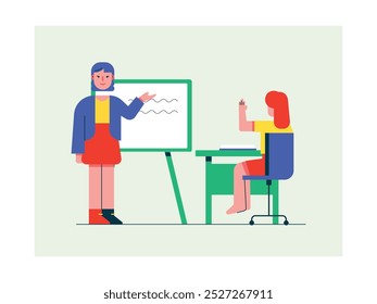 Professora explicando aula de quadro-negro para estudante, escola caseira. Design de caracteres. Ilustração em plano vetorial