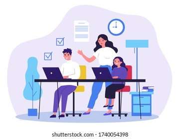 Female teacher explaining lesson to students. Boy and girl learning with tutor flat vector illustration. Education and examination concept for banner, website design or landing web page