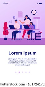 Female teacher explaining lesson to students. Boy and girl learning with tutor flat vector illustration. Education and examination concept for banner, website design or landing web page