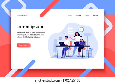 Female teacher explaining lesson to students. Boy and girl learning with tutor flat vector illustration. Education and examination concept for banner, website design or landing web page