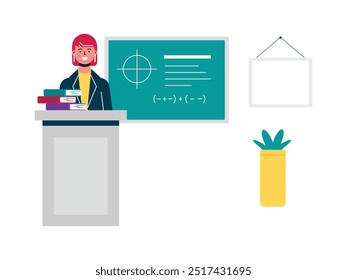 Female teacher is explaining on the board to her students in the classroom. Character design. Vector flat illustration