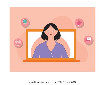 Profesora que explica lecciones en línea a través de laptop, universidad de e-learning de educación con internet, globo, ideas y chat. Conjunto de diseño de caracteres. Ilustración plana del vector