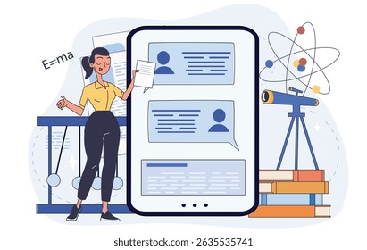 Profesora explicando el tema de la ciencia junto a una Grande pantalla de teléfono inteligente con burbujas de chat, estilo plano de dibujos animados, fondo educativo abstracto. Ilustración vectorial