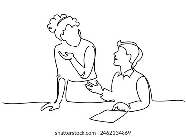 Female teacher explaining a task to a boy student. Continuous one line drawing. Learning activities in school. Back to school. Vector illustration isolated on white background